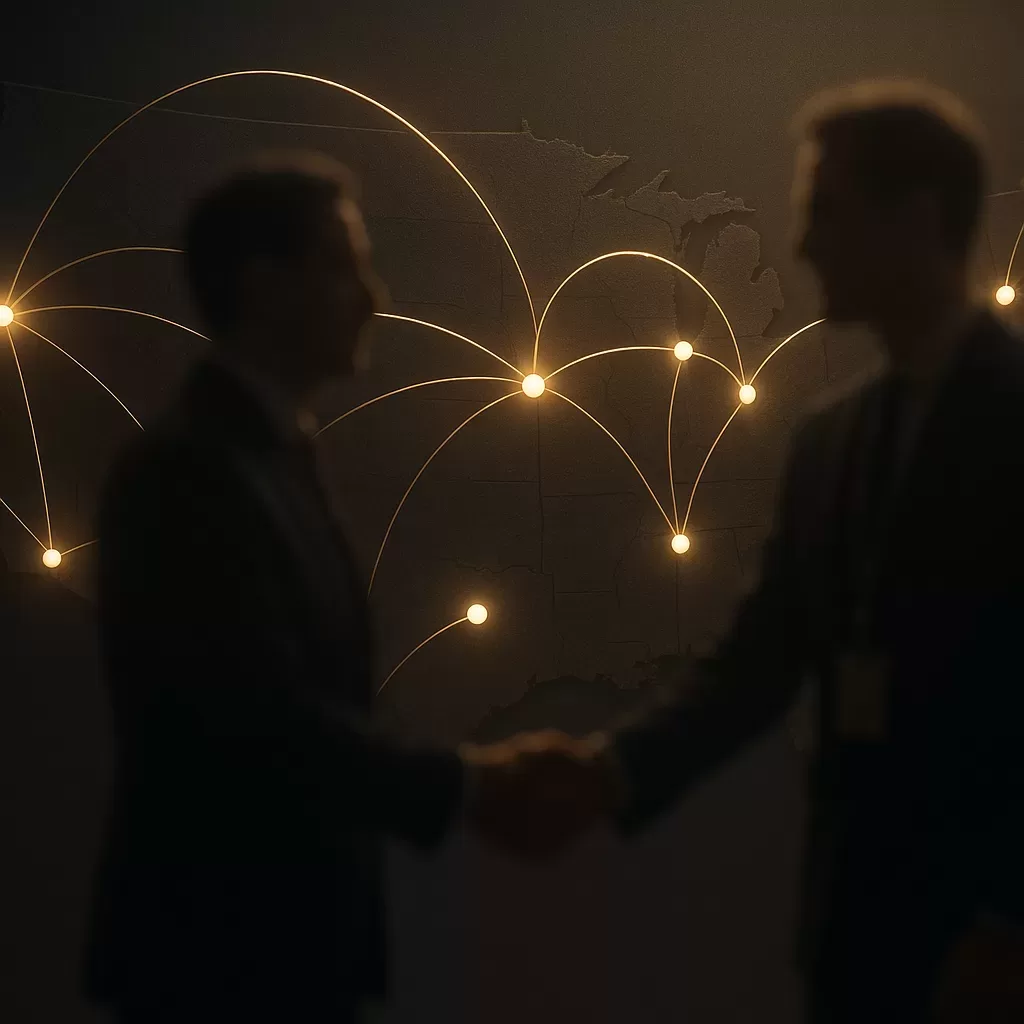 Abstract gold network over a world map with conference handshake silhouettes, signaling investor networking and niche platforms