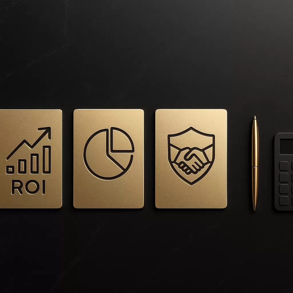 Investor-ready checklist with icons for return, use of funds, and trust on a black marble desk